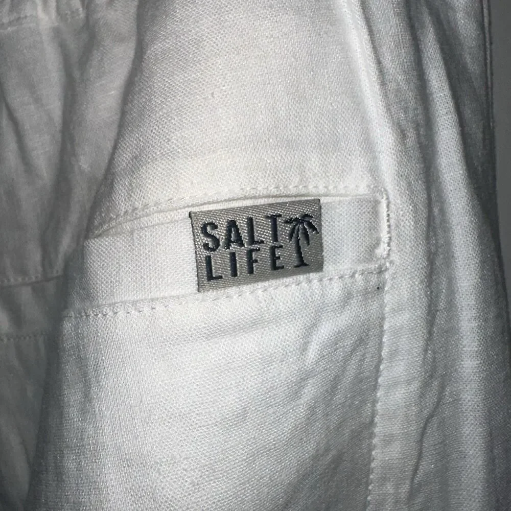 Salt Life Women’s Coastal Pant White Flax Linen Blend Drawstring Casual Pants L
